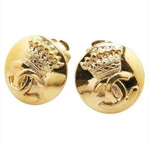CHANEL CC Logos Round Crown Clip-On Earrings Gold Tone 96A Auth w/Box #12252